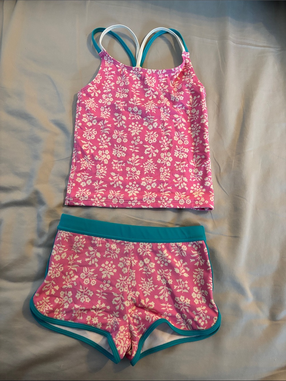 Mini Boden Pink Floral Tankini with Teal Trim